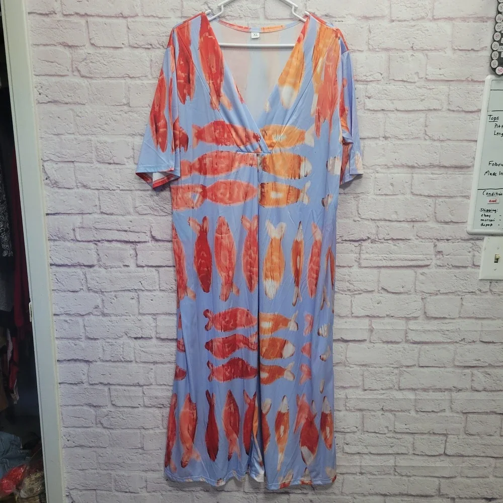 Abstract Koi Fish Maxi Dress Size XL V-Neck Artsy Boho Coastal Beachy Summer - Picture 1 of 8